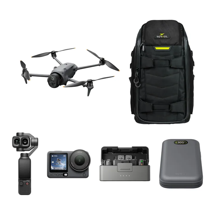 Mavic 4 Pro, Torvol backpack, Osmo Pocket 4P, Osmo Action 6, Mic 3 and Belkin power bank